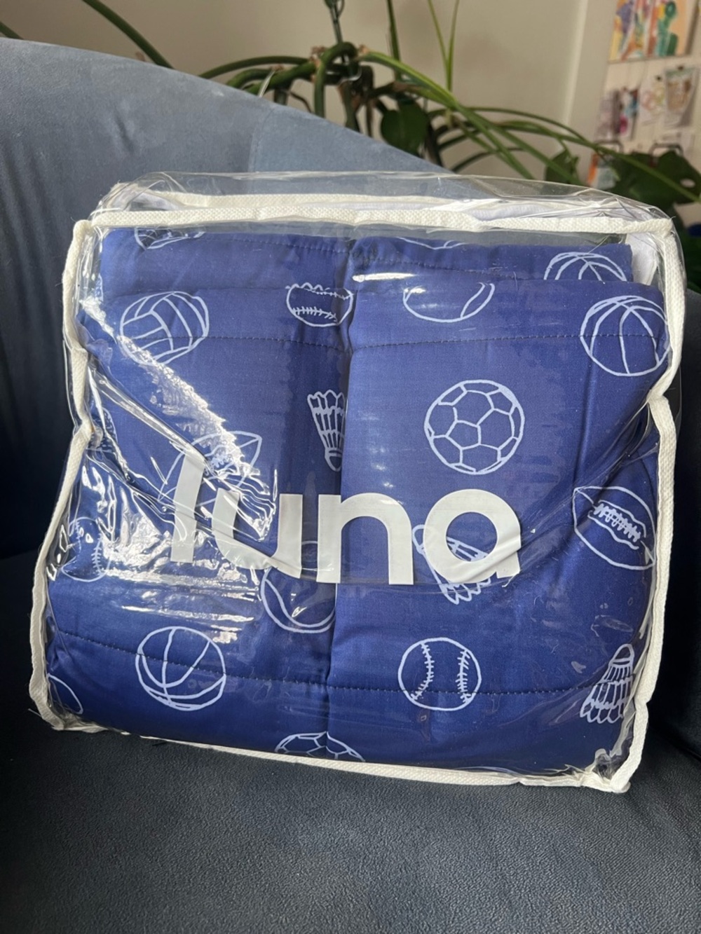Luna 5lb kids weighted blanket in blue sports themed
